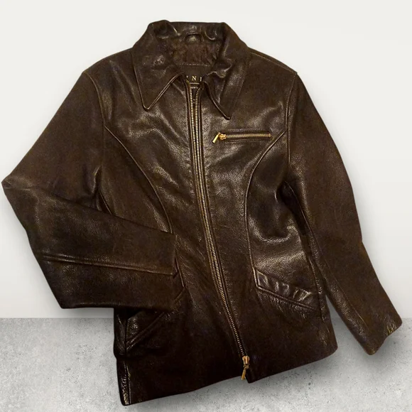Winlit Dark Brown Women's Leather Jacket Size Medium With Gold Accents - Picture 10 of 14